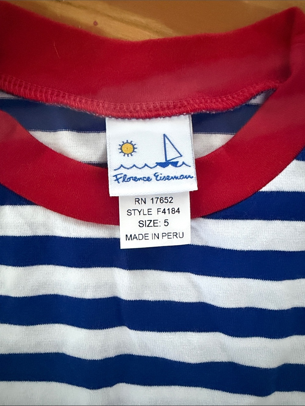 Florence Eiseman Blue & White Striped Tee with Red Neck and Green Cuffs - Picture 2 of 4
